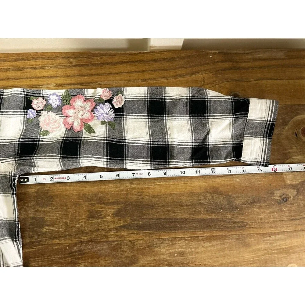 Children’s Place Girls Button Up Dress Plaid With Flower Embroidery XXL 16